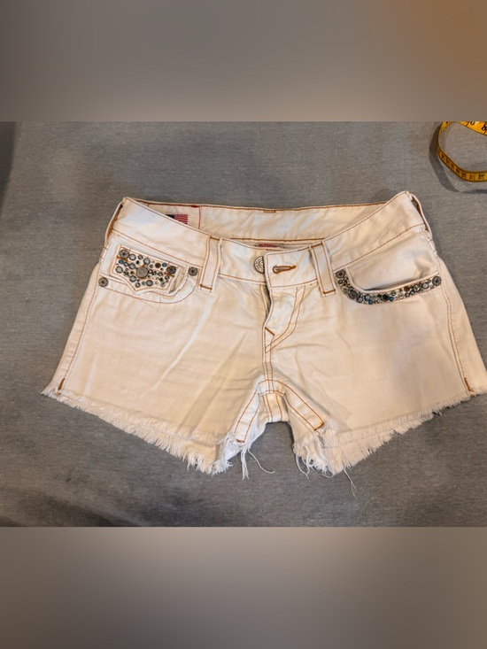 True Religion Pants - True Religion White Embellished Frayed Denim Shorts